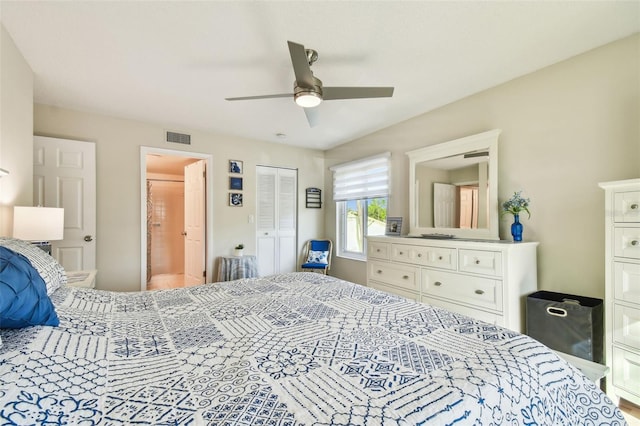 bedroom with ceiling fan and a closet