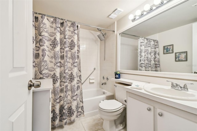 full bathroom featuring toilet, shower / bath combo, vanity, and tile patterned floors