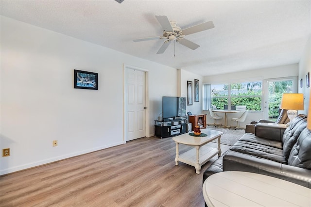 living room featuring ceiling fan, a textured ceiling, and light hardwood / wood-style flooring