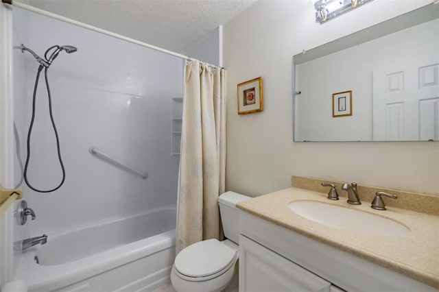 full bathroom featuring a textured ceiling, vanity, toilet, and shower / bath combination with curtain