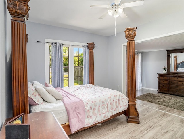 bedroom featuring ceiling fan and light hardwood / wood-style flooring