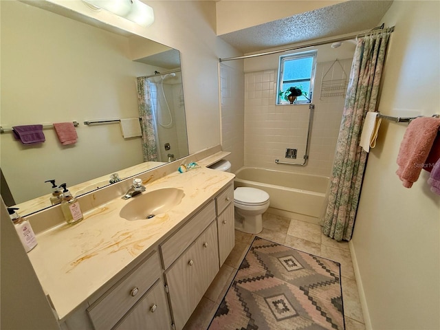 full bathroom featuring toilet, a textured ceiling, vanity, and shower / tub combo with curtain