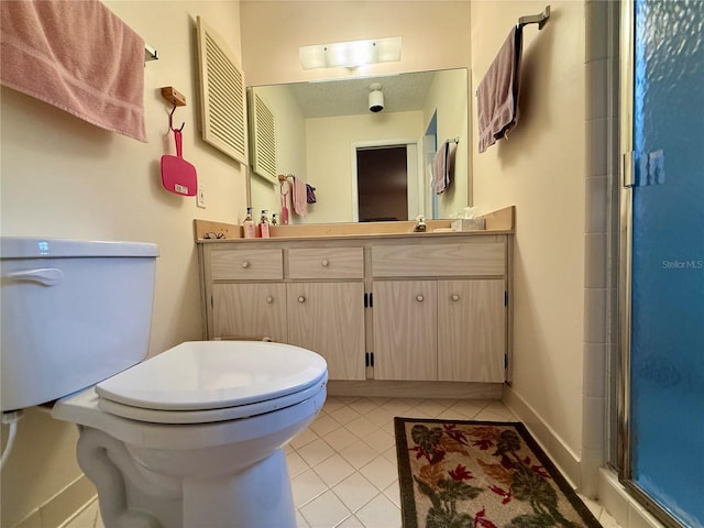 full bathroom with tile patterned flooring, vanity, toilet, baseboards, and a shower with shower door