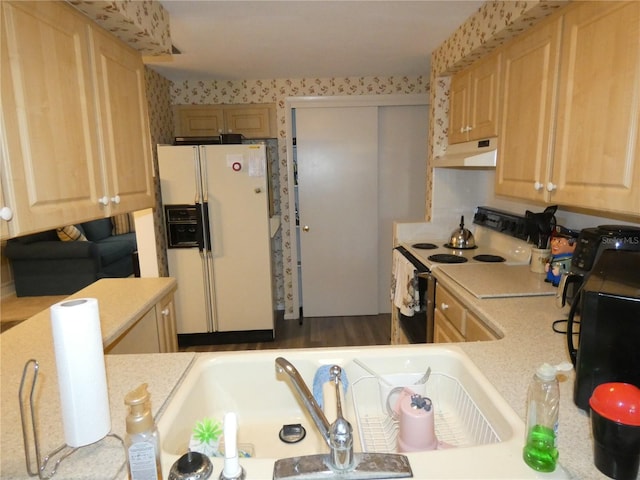 kitchen featuring light brown cabinets, white appliances, and sink