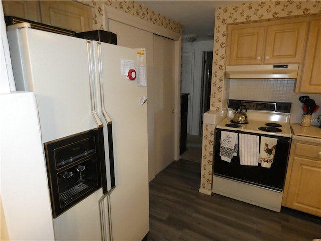 kitchen with tasteful backsplash, light brown cabinets, dark wood-type flooring, and white appliances