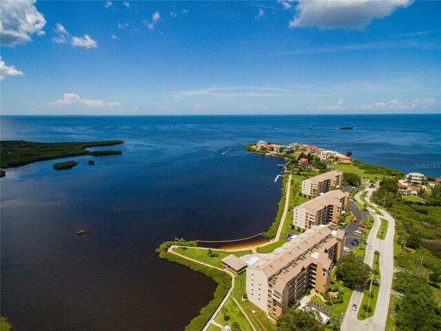 bird's eye view with a water view