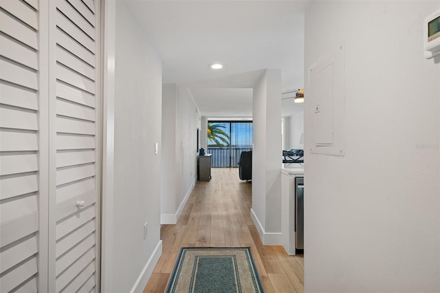 hall featuring light wood-type flooring and electric panel