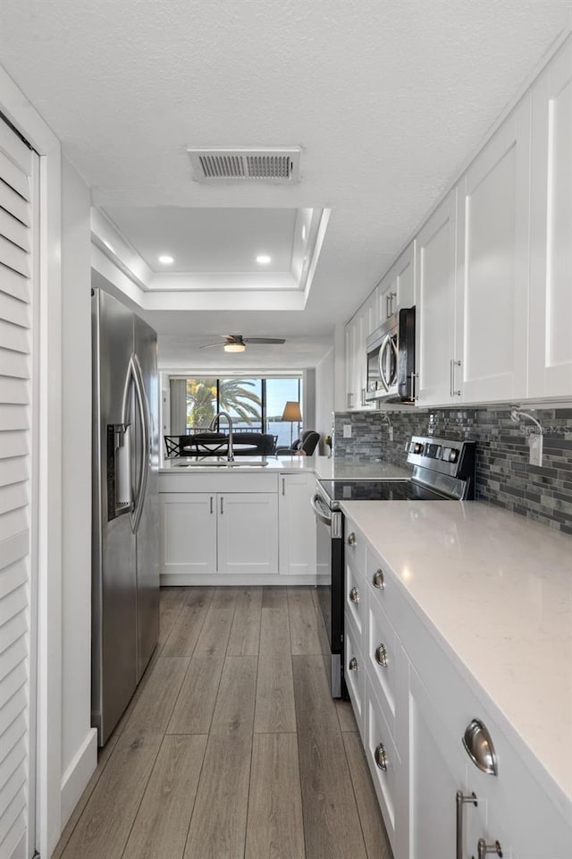 kitchen with a tray ceiling, white cabinetry, stainless steel appliances, and light wood-type flooring