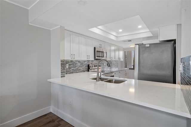 kitchen featuring kitchen peninsula, white cabinetry, dark hardwood / wood-style flooring, and stainless steel appliances