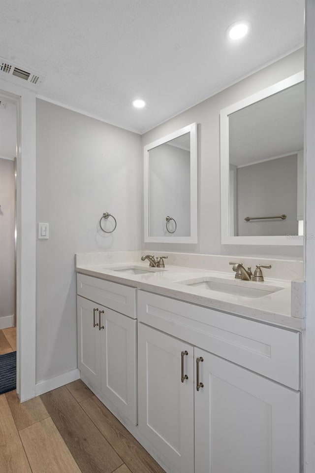 bathroom featuring hardwood / wood-style flooring and vanity