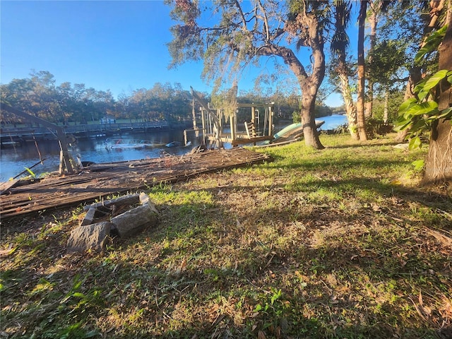 view of yard with a water view and a boat dock