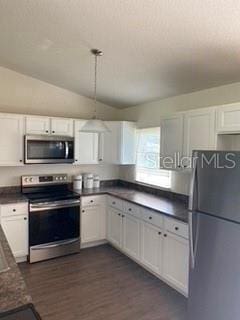 kitchen with vaulted ceiling, stainless steel appliances, white cabinetry, and dark hardwood / wood-style floors