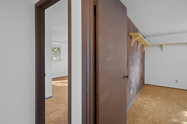 hallway featuring carpet and a textured ceiling