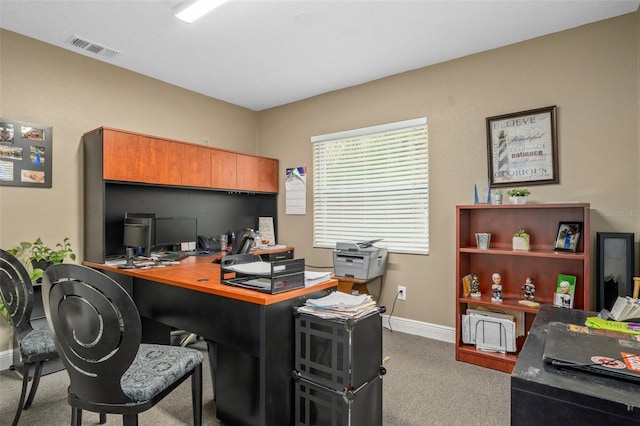 home office featuring light colored carpet