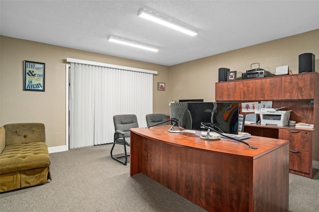 carpeted office space with a textured ceiling