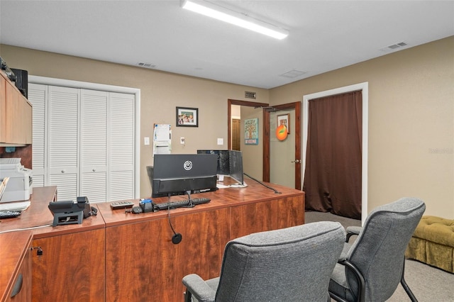 home office with light carpet