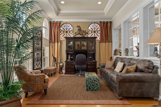 living area featuring a tray ceiling, crown molding, and hardwood / wood-style floors