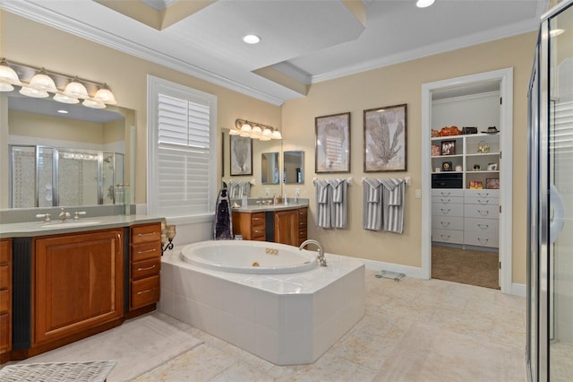 bathroom featuring tile patterned floors, plus walk in shower, vanity, and ornamental molding