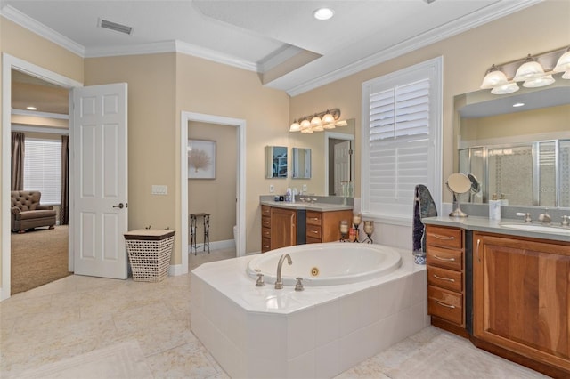 full bathroom featuring a healthy amount of sunlight, vanity, tile patterned floors, and crown molding