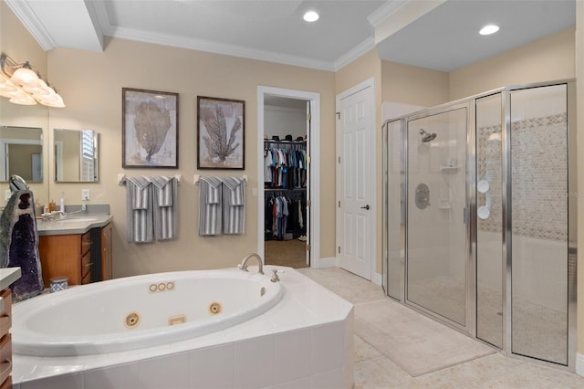 bathroom with tile patterned flooring, vanity, independent shower and bath, and ornamental molding