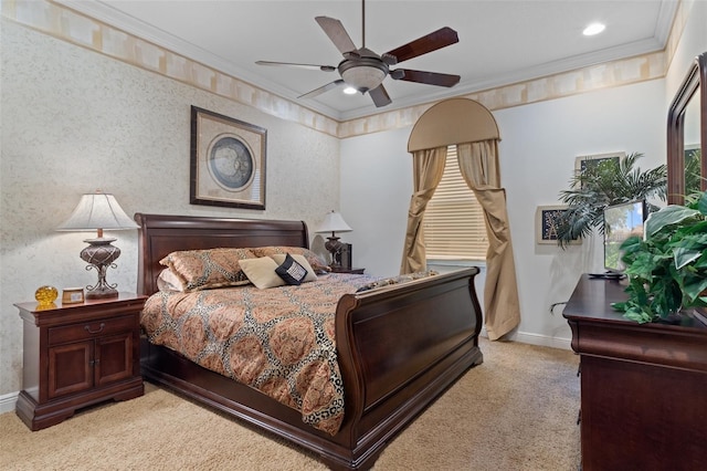 bedroom featuring ceiling fan, light colored carpet, and ornamental molding