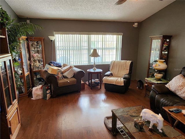 living room featuring dark hardwood / wood-style floors, lofted ceiling, and a textured ceiling