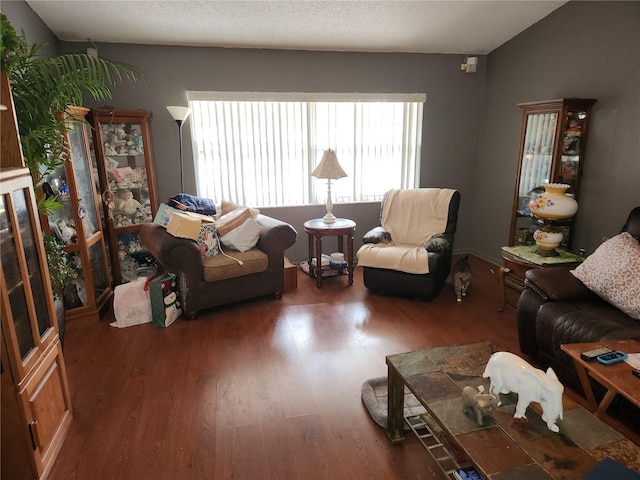 living room featuring dark hardwood / wood-style flooring, a textured ceiling, and vaulted ceiling