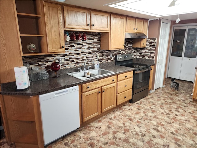 kitchen with black range with electric cooktop, white dishwasher, under cabinet range hood, a sink, and dark countertops