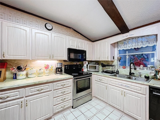 kitchen with a textured ceiling, sink, black appliances, lofted ceiling with beams, and white cabinets