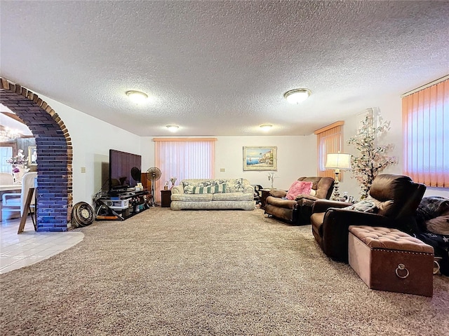 living room featuring carpet flooring and a textured ceiling