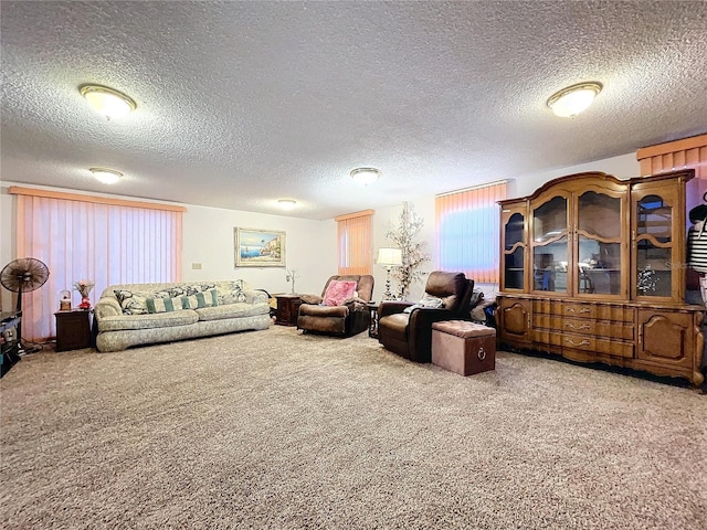 carpeted living room featuring a textured ceiling