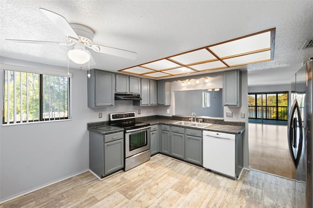 kitchen with light hardwood / wood-style floors, gray cabinetry, a healthy amount of sunlight, and appliances with stainless steel finishes