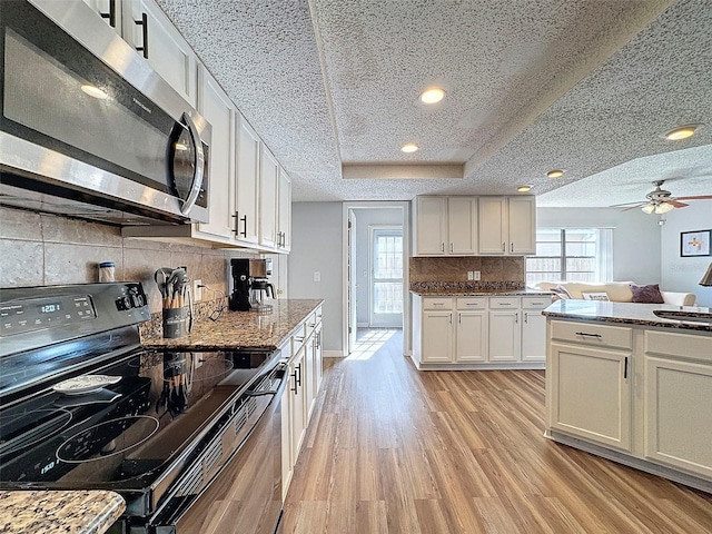 kitchen with white cabinets, a raised ceiling, a wealth of natural light, and black range with electric cooktop