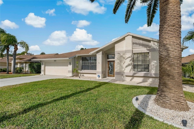 ranch-style home with a garage and a front lawn