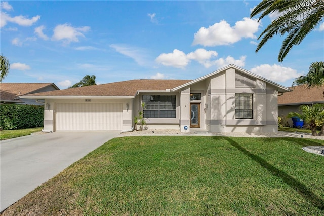 ranch-style house with a garage and a front lawn