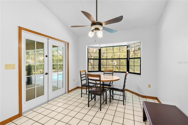 7443 Oak Tree Ln, Spring Hill, FL 34607 - dining room featuring french doors, vaulted ceiling, a textured ceiling, and a ceiling fan