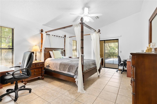 7443 Oak Tree Ln, Spring Hill, FL 34607 - bedroom featuring access to exterior, light tile patterned floors, lofted ceiling, an office area, and a ceiling fan