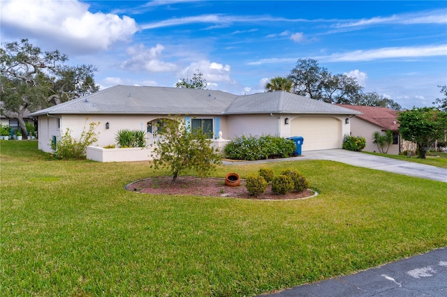 ranch-style home featuring a garage and a front lawn