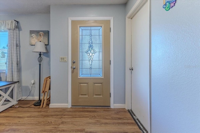 entryway with a textured ceiling, hardwood / wood-style floors, and plenty of natural light