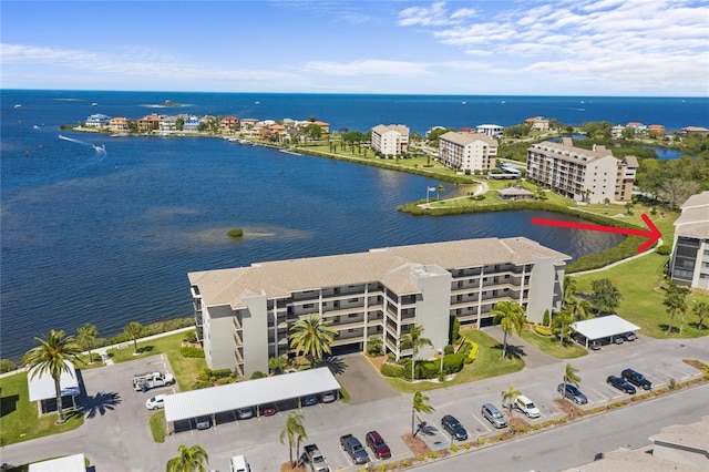 drone / aerial view with a water view