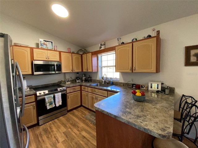 kitchen with lofted ceiling, sink, appliances with stainless steel finishes, dark hardwood / wood-style flooring, and kitchen peninsula