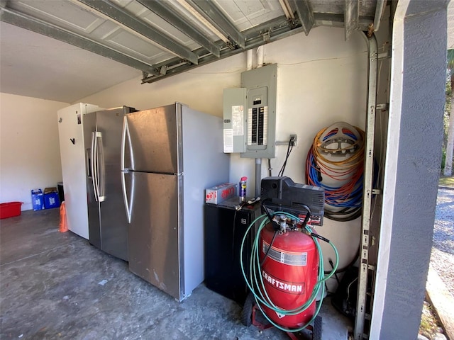 interior space featuring stainless steel refrigerator with ice dispenser, stainless steel fridge, and electric panel