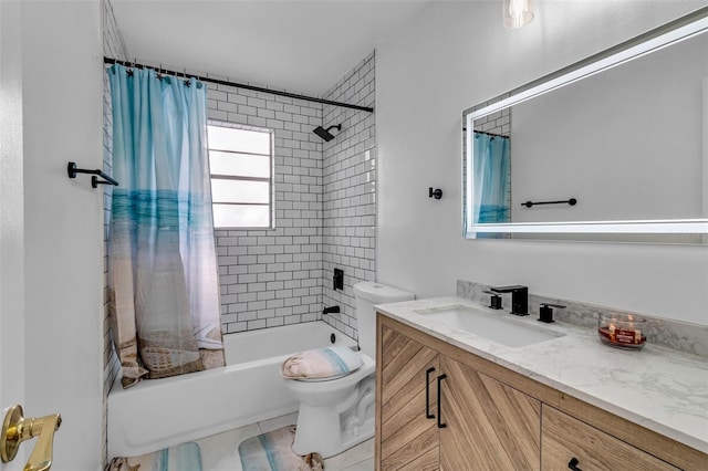 full bathroom with tile patterned floors, shower / bath combination with curtain, toilet, and vanity