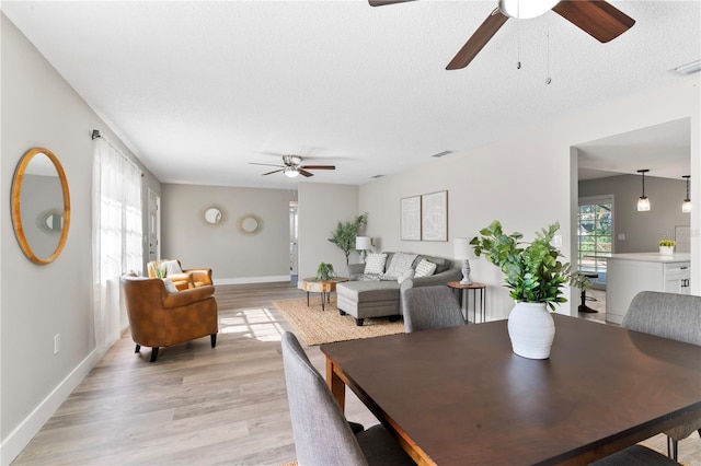 dining area featuring a textured ceiling, light hardwood / wood-style flooring, and ceiling fan