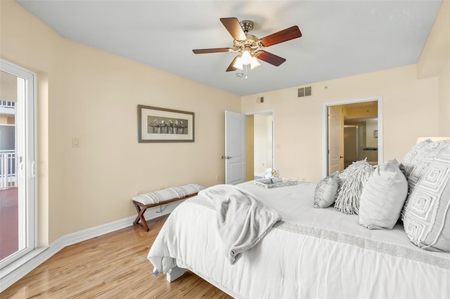 bedroom with ceiling fan and light wood-type flooring