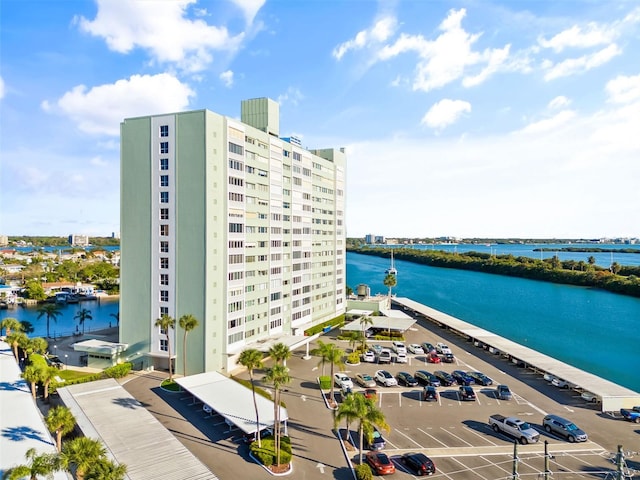 view of building exterior featuring a water view