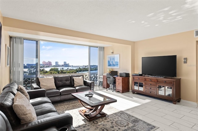 living room with a textured ceiling