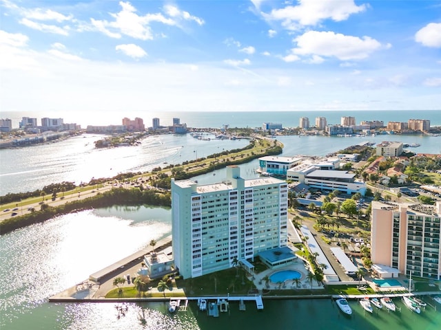 drone / aerial view with a water view