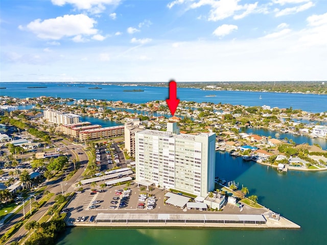 birds eye view of property featuring a water view