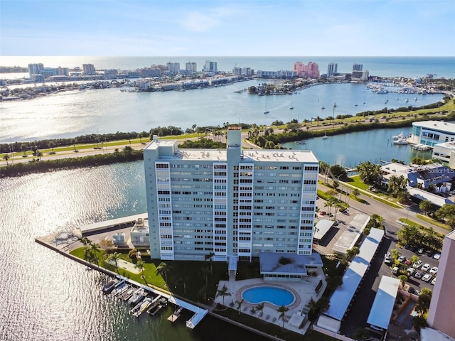 drone / aerial view featuring a water view